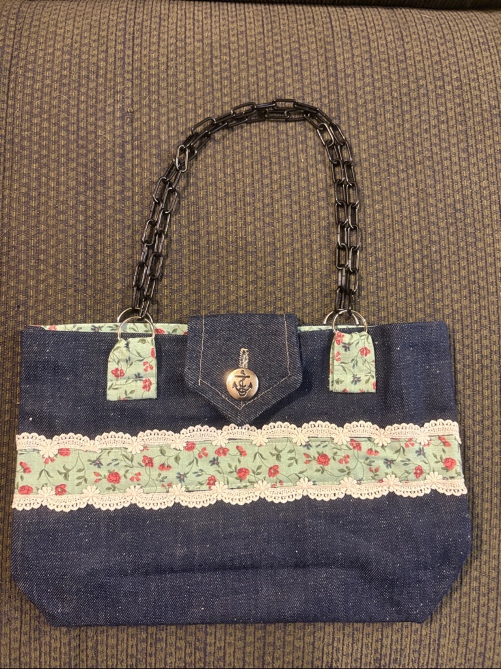 Denim Tote Bag with Floral Trim and Chain Handles